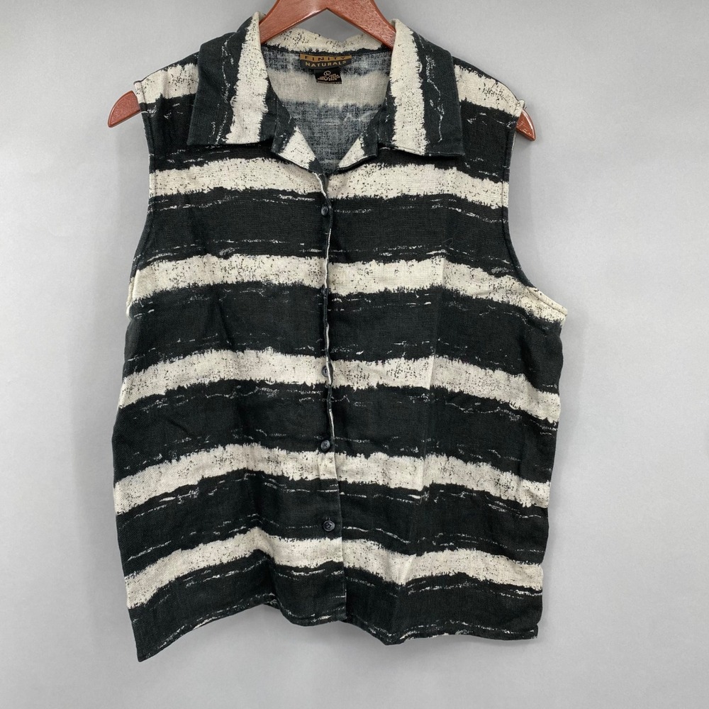 Finity Naturals Linen Sleeveless‎ Top Womens Large Black White Striped Button Up